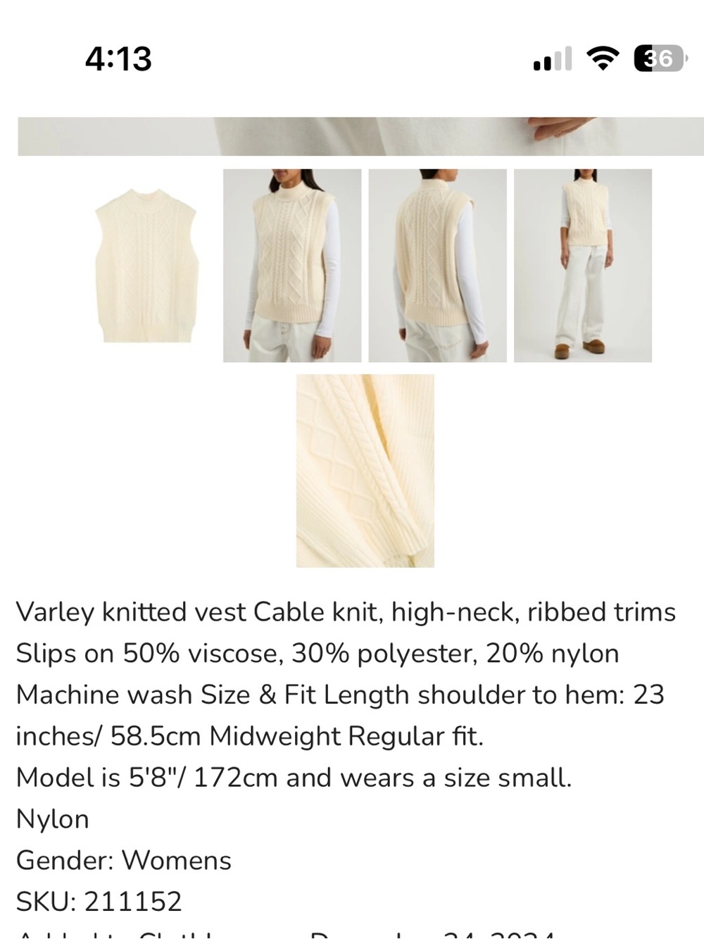 Varley Joilette Cable-knit Vest Cream Small - Picture 5 of 12
